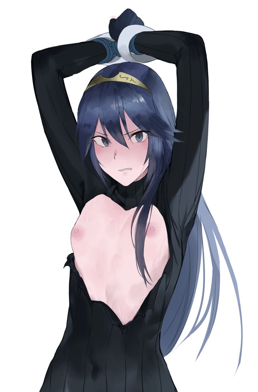 1girls angry arms_up blue_eyes blue_hair bondage bound_wrists clenched_teeth exposed_breasts femsub fire_emblem fire_emblem_awakening flat_chest keiz long_hair long_sleeves looking_at_viewer lucina_(fire_emblem) nintendo nipples small_breasts solo solo_female sweater tiara torn_clothes white_background