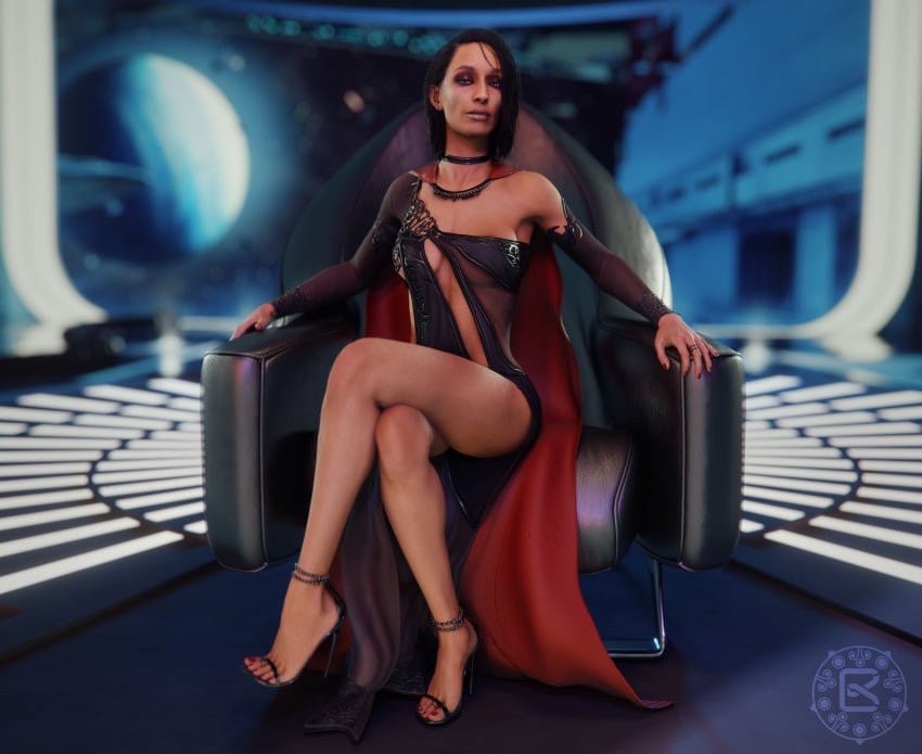 1girls 3d anklet armchair armwear bare_legs black_dress black_hair blender bomyman breasts cape choker clothed clothing crossed_legs dark-skinned_female dark_skin dress eyeshadow female female_only footwear heels high_heels indoors inquisitor inquisitor_(star_wars) jedi:_fallen_order legs leguymelef looking_at_viewer medium_breasts medium_hair nail_polish red_cape red_nails ring second_sister shoes side_slit sitting skimpy skinny solo space spaceship star_wars toes trilla_suduri window