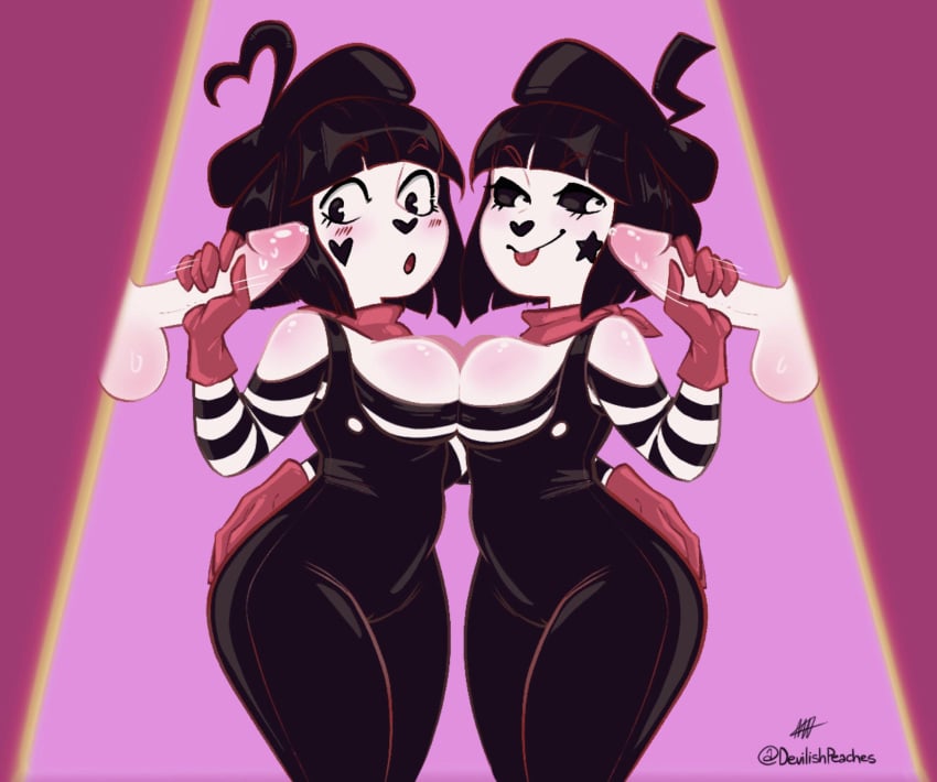 2girls ass bonbon_(derpixon) chuchu_(derpixon) erect_penis female gloves handjob mime mime_and_dash mime_girl penis pink_gloves tagme