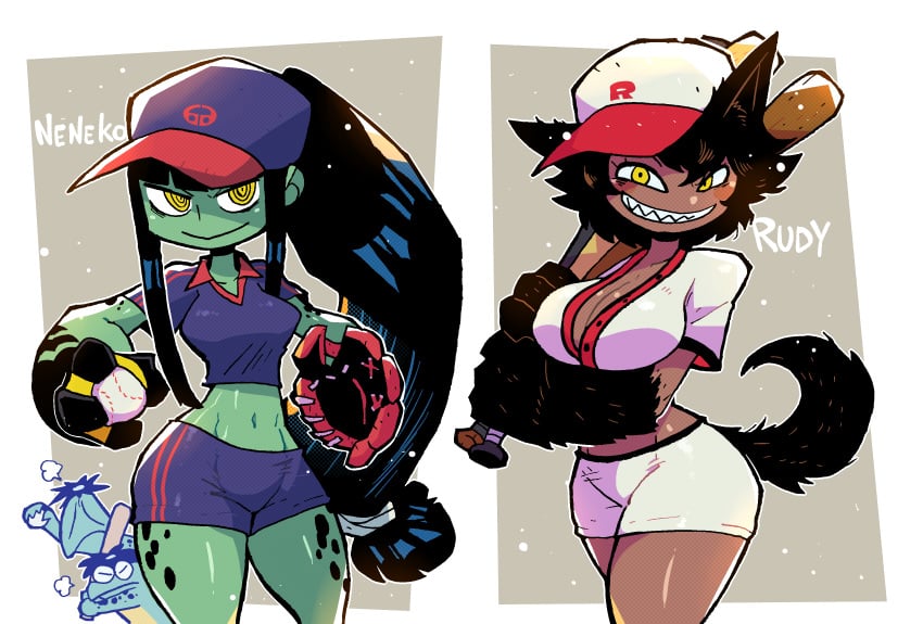 baseball baseball_bat baseball_cap baseball_glove baseball_uniform big_breasts brown_skin crap-man fur good_artwork green_skin kappa medium_breasts monster_girl neneko_the_kappa_(crap-man) rudy_the_werewolf_(crap-man) stomach tan_skin thick_thighs thighs werewolf yellow_eyes