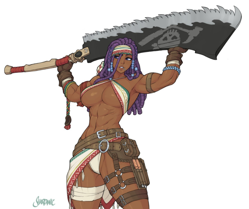 abs african african_female arm_strap athletic athletic_female belt biceps big_breasts black_female busty cleavage dark-skinned_female dark_skin darli_dagger dreadlocks female female_focus female_only fingerless_gloves holding_weapon hourglass_figure muscular_female muscular_thighs nudity pinup pinup_pose pirate purple_hair samurai_shodown shardanic snk solo standing sword tagme thigh_strap thong underboob weapon wide_hips