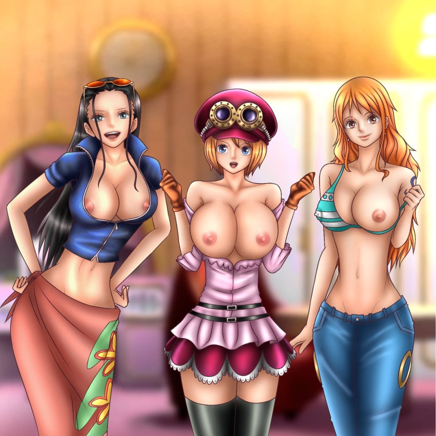 3girls bikini bikini_aside bikini_top black_hair breasts_out dress dress_pull exposed_breasts female female_only flashing flashing_breasts gloves hat jeans koala_(one_piece) kr4ken leather_jacket long_hair multiple_girls nami nami_(one_piece) nico_robin nipples one_piece orange_hair partially_clothed post-timeskip sarong short_hair striped_bikini sunglasses_on_head