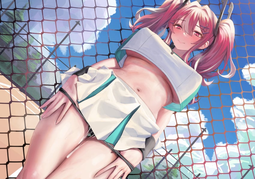 absurdres azur_lane bangs bare_shoulders black_panties blue_sky blush breasts bremerton_(azur_lane) bremerton_(scorching-hot_training)_(azur_lane) chain-link_fence crop_top crop_top_overhang cum cumdrip day female fence highres large_breasts long_hair looking_at_viewer mochirong outdoors panties pink_eyes pink_hair shoes sidelocks sky smile sneakers solo sportswear sweat tennis_uniform twintails two-tone_shirt two-tone_skirt underboob underwear wristband