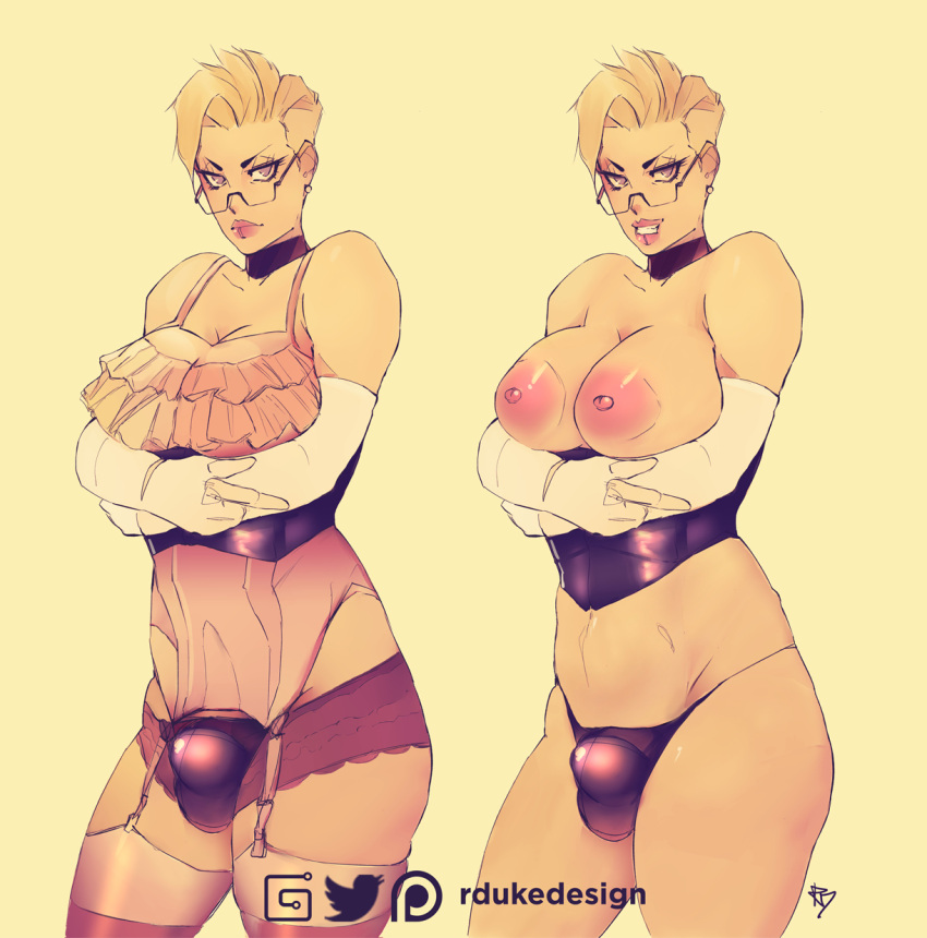 1futa areolae big_breasts blonde_hair breasts bulge choker clothed clothing corset exposed_breasts futa_only futanari garter_straps glasses human large_breasts light-skinned_futanari light_skin lingerie long_gloves mature mostly_nude original_character pale_skin raoul-duke short_hair solo standing very_short_hair