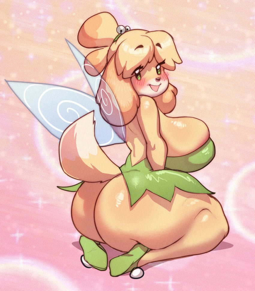 1girls absurd_res animal_crossing animal_crossing_new_leaf animal_ears anthro ass blush breasts butt canid canine canis dog_ears dog_tail fairy_wings female fur furry furry_only hi_res isabelle_(animal_crossing) kneeling large_ass large_breasts looking_at_viewer looking_back nintendo norodoggo partially_clothed rear_view solo tail thick_thighs wide_hips yellow_fur