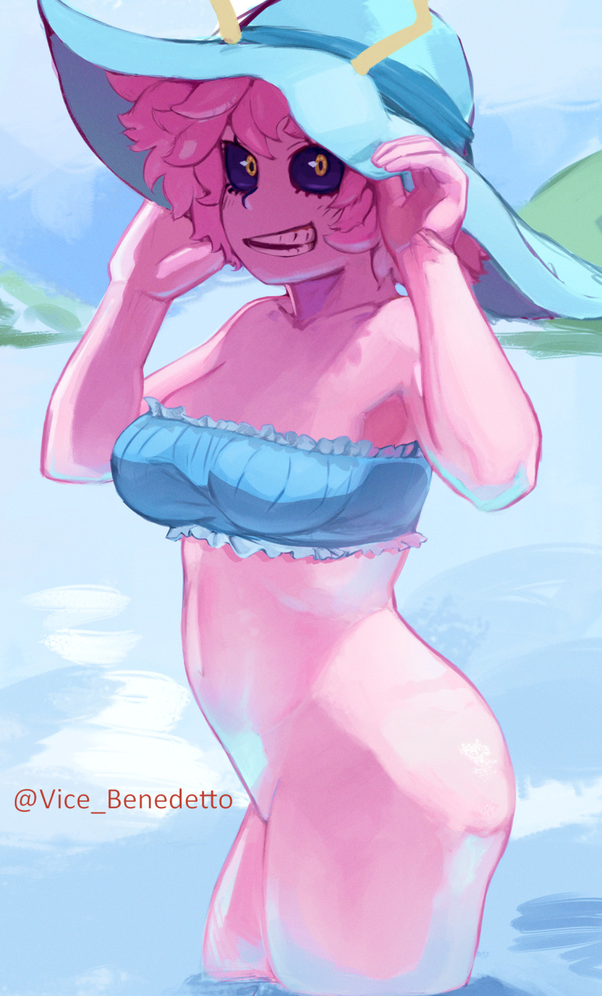 1girls bottomless grin hat mina_ashido my_hero_academia outside pink_hair pink_skin short_hair solo sun_hat vice_benedetto