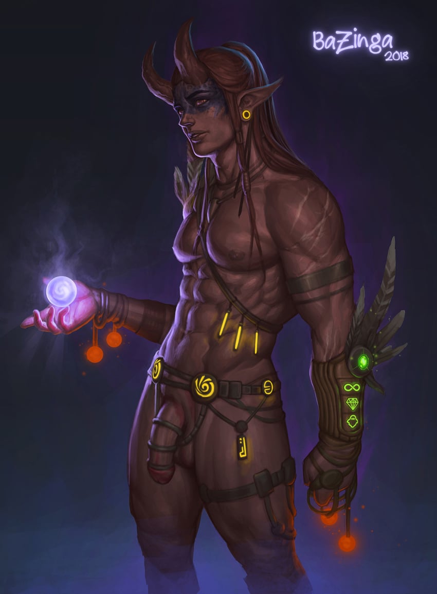 1boy abs bazinga brown_hair cross_scar dated earrings elf facepaint flaccid functionally_nude horns magic male male_only muscular pecs penis pointy_ears scar signature solo tribal unconvincing_armor