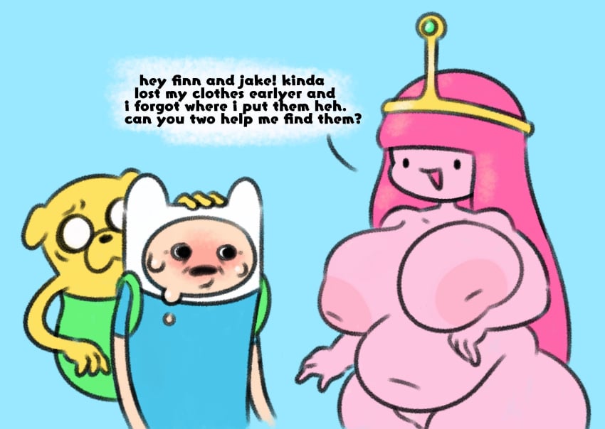 1girls 2boys adventure_time backpack bag bbw belly big_belly big_breasts black_eyes blonde_hair blush blushing breasts bubble_butt bubble_gum casual casual_nudity chubby chubby_female clothed_male clothing comedy cute fat female finn_the_human funny human humor inverted_nipples jake_the_dog male naked nude nude_female pale_skin pink_body pink_hair pink_skin princess_bubblegum shortstack sleepyslut source_request sweat sweatdrop sweating tagme