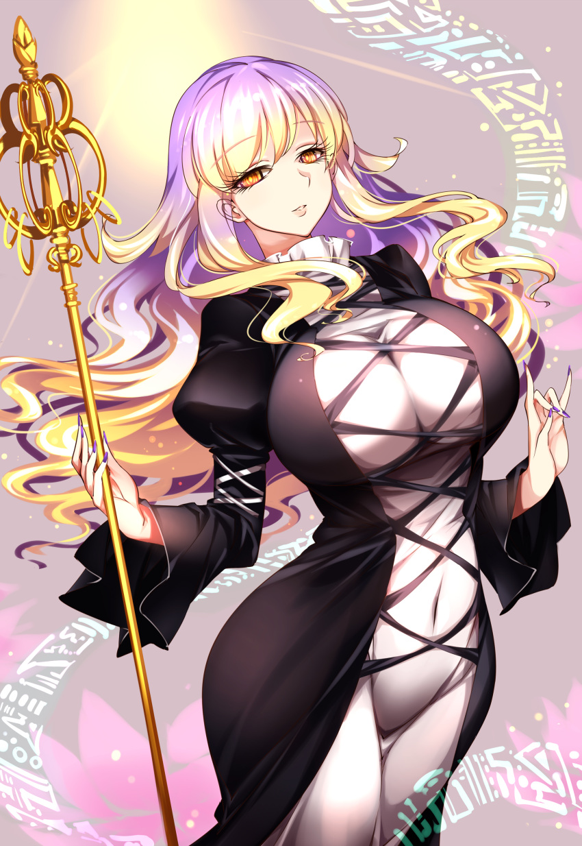 1girls absurdres bangs blonde_hair breasts cleavage cross-laced_clothes curvy dress female gradient_hair highres hijiri_byakuren huge_breasts long_hair long_sleeves looking_at_viewer multicolored_hair nail_polish navel parted_lips purple_hair raptor7 revealing_clothes solo staff touhou wavy_hair wide_hips yellow_eyes