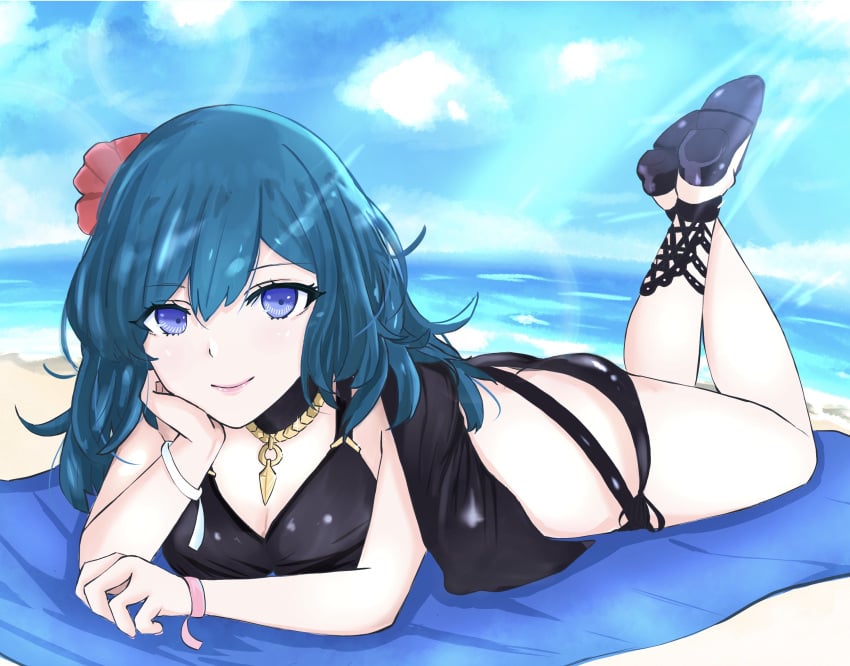 1girls alternate_costume ass beach bikini black_bikini black_footwear black_swimsuit blue_eyes blue_hair breasts byleth_(fire_emblem) byleth_(fire_emblem)_(female) byleth_(summer)_(fire_emblem)_(female) cape cleavage female fire_emblem fire_emblem:_three_houses fire_emblem_heroes flower flower_in_hair hair_flower hibiscus large_breasts looking_at_viewer medium_hair mxsoundtube nintendo ocean outdoors outside pale_skin red_flower sand sandals smile solo swimsuit takum_(artist) teal_hair the_pose water