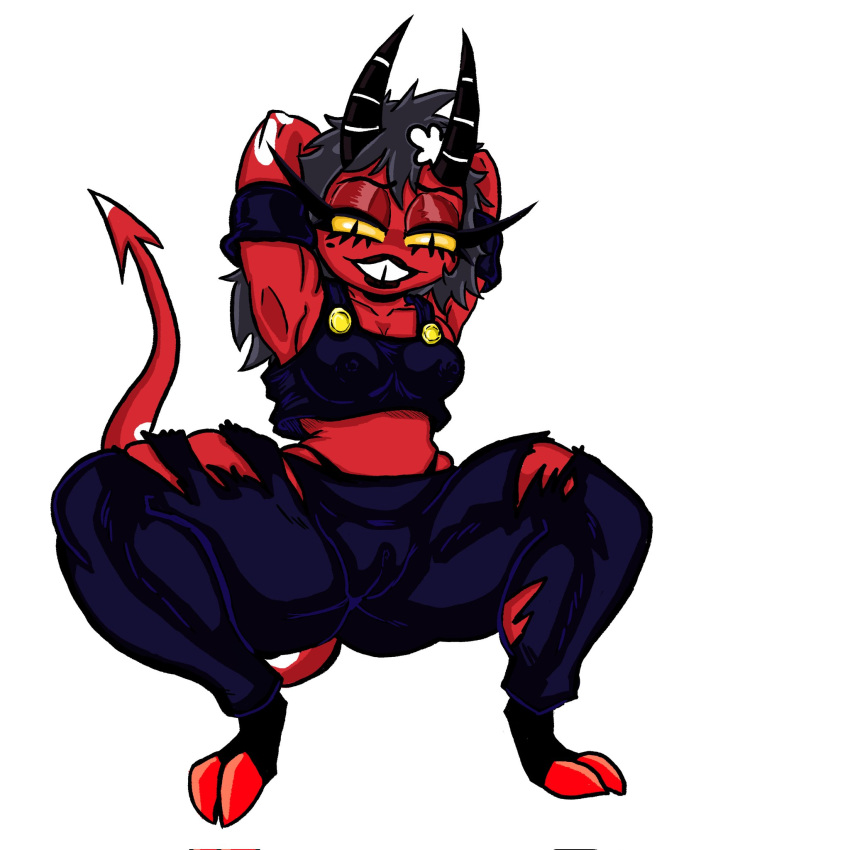 beauty_mark big_thighs buckteeth commission dark_clothing demon digital_media_(artwork) dominant_female eyeshadow female female_focus female_only gap_teeth helluva_boss highres horns imp kojoarts legs_open legs_spread long_eyelashes looking_at_viewer millie_(helluva_boss) naughtypaw_(artist) nipples_visible_through_clothing pussy_visible_through_clothes red_skin smile solo squat thick_thighs tight_clothing ttherandom tthrandom tthrandom_rp vivienne_medrano white_background white_spots yellow_eyes