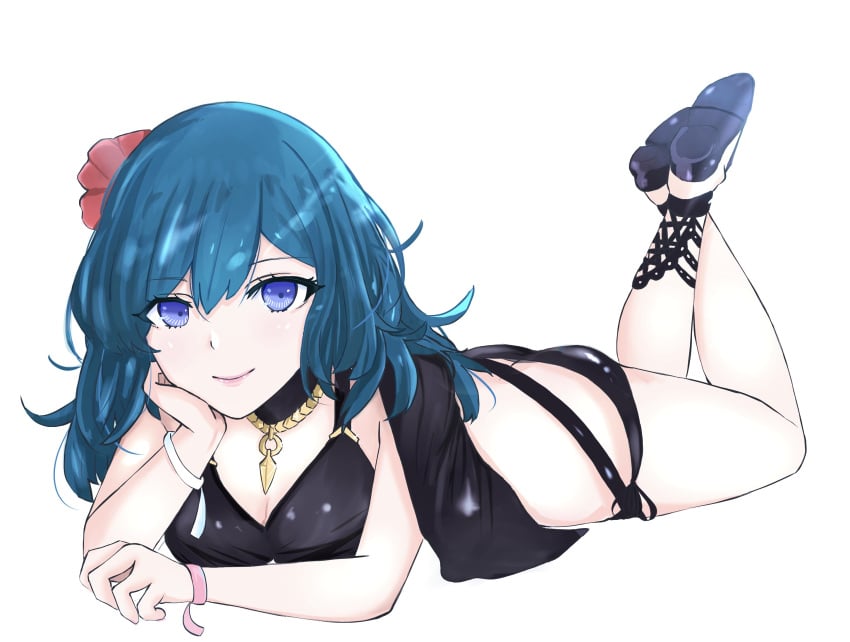 alternate_costume ass ass_cleavage bikini black_bikini black_footwear black_swimsuit blue_eyes blue_hair breasts butt_crack byleth_(fire_emblem) byleth_(fire_emblem)_(female) byleth_(summer)_(fire_emblem)_(female) cape cleavage female fire_emblem fire_emblem:_three_houses fire_emblem_heroes flower flower_in_hair hair_flower hibiscus large_breasts looking_at_viewer medium_hair mxsoundtube nintendo outdoors outside pale_skin red_flower sandals smile solo swimsuit takum_(artist) teal_hair the_pose water white_background