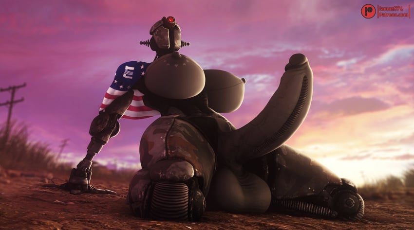 1futa 3d american_flag arched_back areolae assaultron balls breasts erect_penis erection fallout fallout_4 from_below futa_only futanari huge_breasts huge_cock kneeling lamoz571 nipples penis robot solo source_filmmaker sunset testicles thick_thighs wide_hips