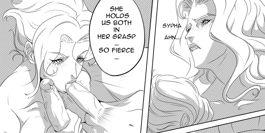 alucard_(castlevania) bisexual bisexual_male bishonen black_and_white blowjob castlevania castlevania_(netflix) comic_page confident cropped dhampir dialogue english_text erection fangs mmf mmf_threesome moaning oral ot3 penis polyamory pubic_hair purpledngnoodle sypha_belnades testicles threesome throuple trevor_belmont vampire wholesome