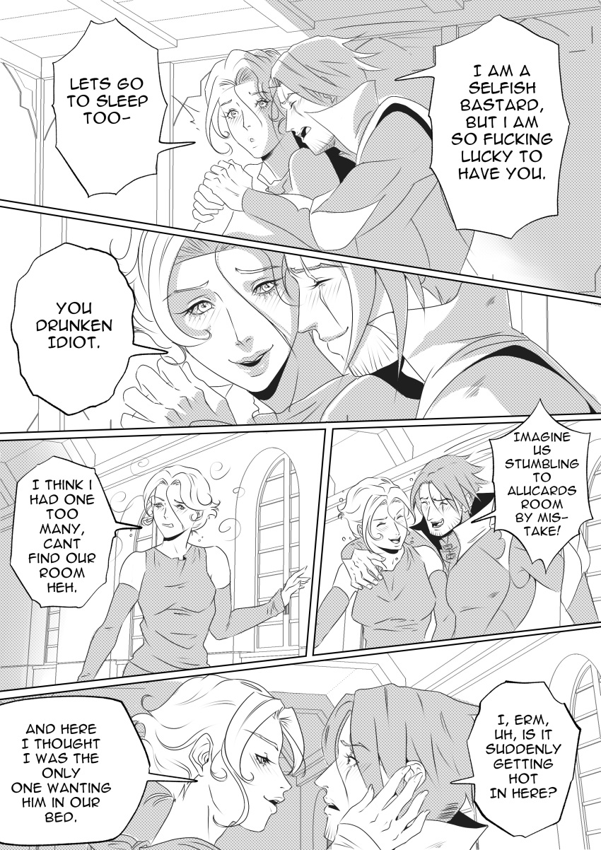 canon_couple castlevania castlevania_(netflix) comic_page confident dialogue drunk english_text eye_contact facial_hair love monochrome playful purpledngnoodle romantic_couple scar_across_eye scars short_hair smile straight sypha_belnades trevor_belmont wholesome