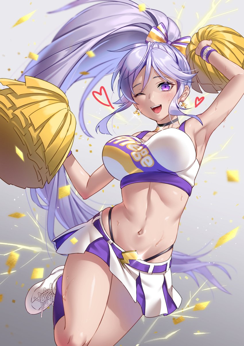 1girls ;d absurdres alternate_costume armpits belly breasts cheerleader choker commission earrings electricity female fire_emblem fire_emblem:_genealogy_of_the_holy_war fire_emblem_heroes hair_ornament heart highres holding iria_(yumeirokingyo) ishtar_(fire_emblem) jewelry jumping long_hair looking_at_viewer midriff nintendo one_eye_closed open_mouth pom_pom_(cheerleading) ponytail purple_eyes purple_hair simple_background skirt smile solo very_long_hair