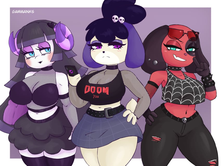 2021 3girls animal_crossing anthro aqua_eyes bangs big_breasts black_hair black_lipstick blue_eyes blush blush_stickers breasts canid canine canis cherry_(animal_crossing) cleavage clothed clothing eyelashes eyeshadow female female_only fishnet_shirt fishnets fur furry furry_only gammainks goth gothabelle gothified grin half-closed_eyes hand_on_hip hi_res horns isabelle_(animal_crossing) looking_at_viewer muffy_(animal_crossing) nintendo phone piercings purple_eyes purple_eyeshadow purple_hair red_fur sheep skirt standing tail thick_thighs trio