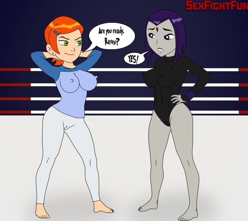 2girls aged_up arena ben_10 box cameltoe capri_pants cartoon_network comic crossover dc dc_comics english_text female_only goth gwen_tennyson leotard multiple_girls purple_hair rachel_roth raven_(dc) red_hair sexfight sexfightfun shirt superheroine teen_titans text witch yuri