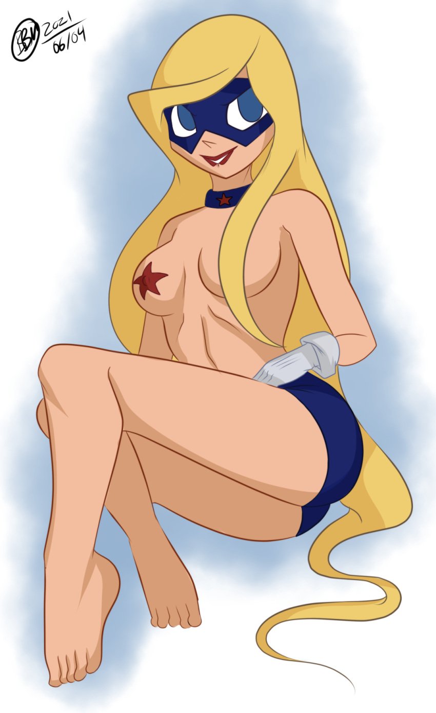 1girls 2d barefoot big_breasts biting_lip biting_own_lip blonde_hair blue_eyes breasts bunbunmuffinart choker courtney_whitmore dc dc_comics digital_drawing_(artwork) digital_media_(artwork) female female_only justice_league justice_league_action lip_biting long_hair nipple_pasties pasties red_lipstick solo_female star_pasties stargirl stargirl_(justice_league_action) topless_female white_gloves