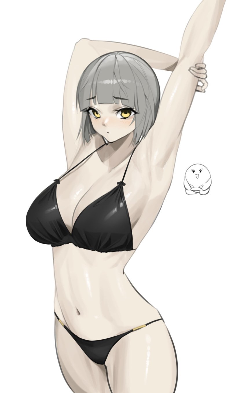 1girls arm_up bangs big_breasts bikini breasts clothed clothing female female_only grey_hair human light-skinned_female light_skin mostly_nude norunollu pale_skin rodr_339 short_hair solo standing stretching yellow_eyes