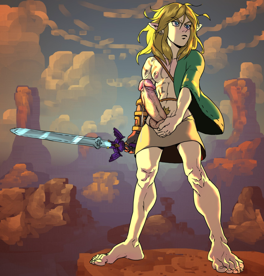 1boy anma barefoot blonde_hair clothed erection feet grabbing_balls link long_hair male male_only master_sword precum skimpy_clothes solo sword tattoo tears_of_the_kingdom the_legend_of_zelda