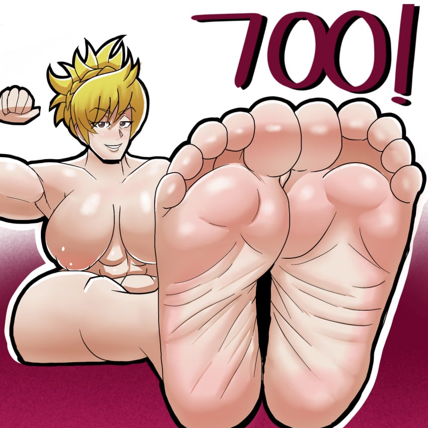 1girls 2d abs barefoot biscuit_krueger blonde_female blonde_hair breasts brown_eyes dmandestroys feet female female_only flexing foot_fetish foot_focus full_color hunter_x_hunter light_skin muscular muscular_female nipples no_penetration nude nude_female smile solo solo_female