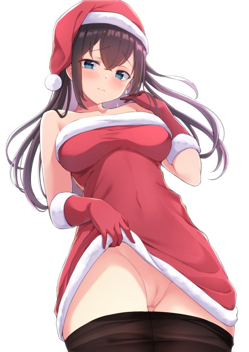 1girls blue_eyes blush brown_hair censored_pussy christmas_outfit clothed female female_only hicha_nomu lifting_dress long_hair looking_at_viewer low-angle_view no_panties shy solo solo_female solo_focus tagme white_background