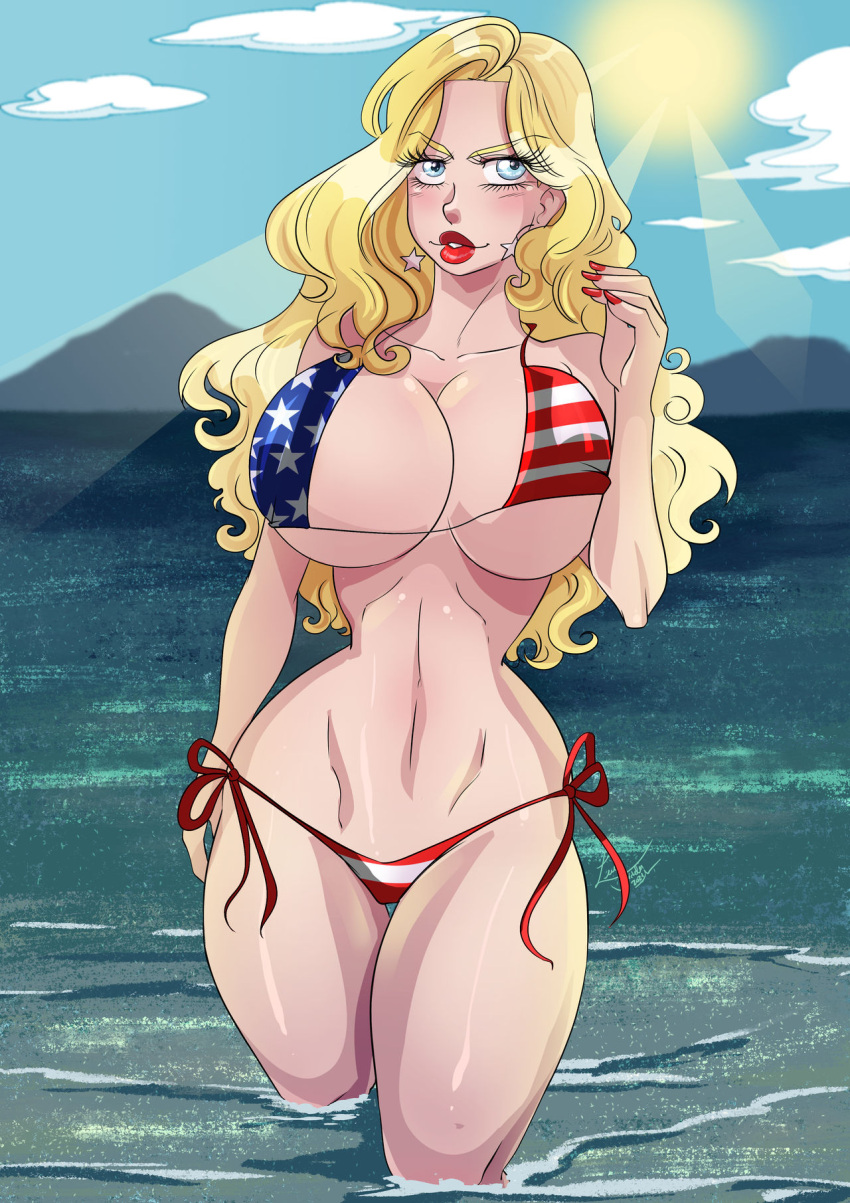 1girls american_flag_bikini blonde_hair blue_eyes blush hourglass_figure huge_breasts lufidelis original original_character seaside standing_in_water voluptuous water