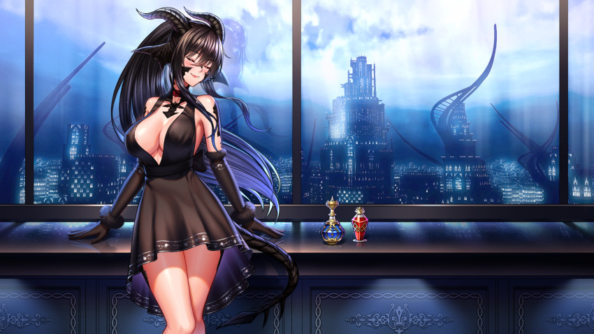 ar9tea au_ra city_background cityscape dawn_hotgo dress drink final_fantasy final_fantasy_xiv night swing tagme xaela