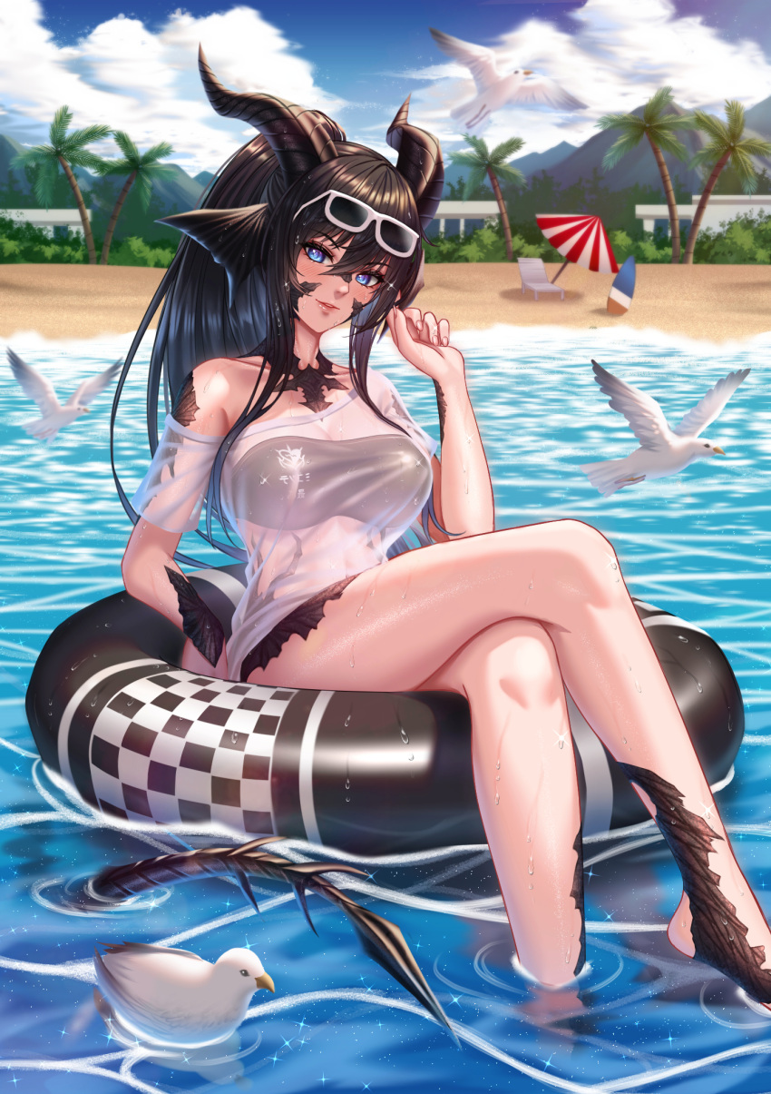 ar9tea au_ra beach dawn_hotgo final_fantasy final_fantasy_xiv innertube ocean see-through see-through_clothing see-through_shirt see_through summer tagme tropical xaela