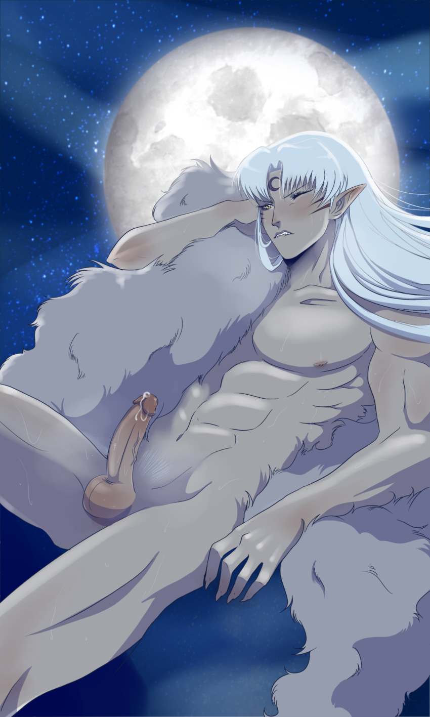 bishonen biting_lip erection inuyasha long_hair_male male_only moon nude_male penis pointy_ears precum purpledngnoodle sesshoumaru testicles white_hair