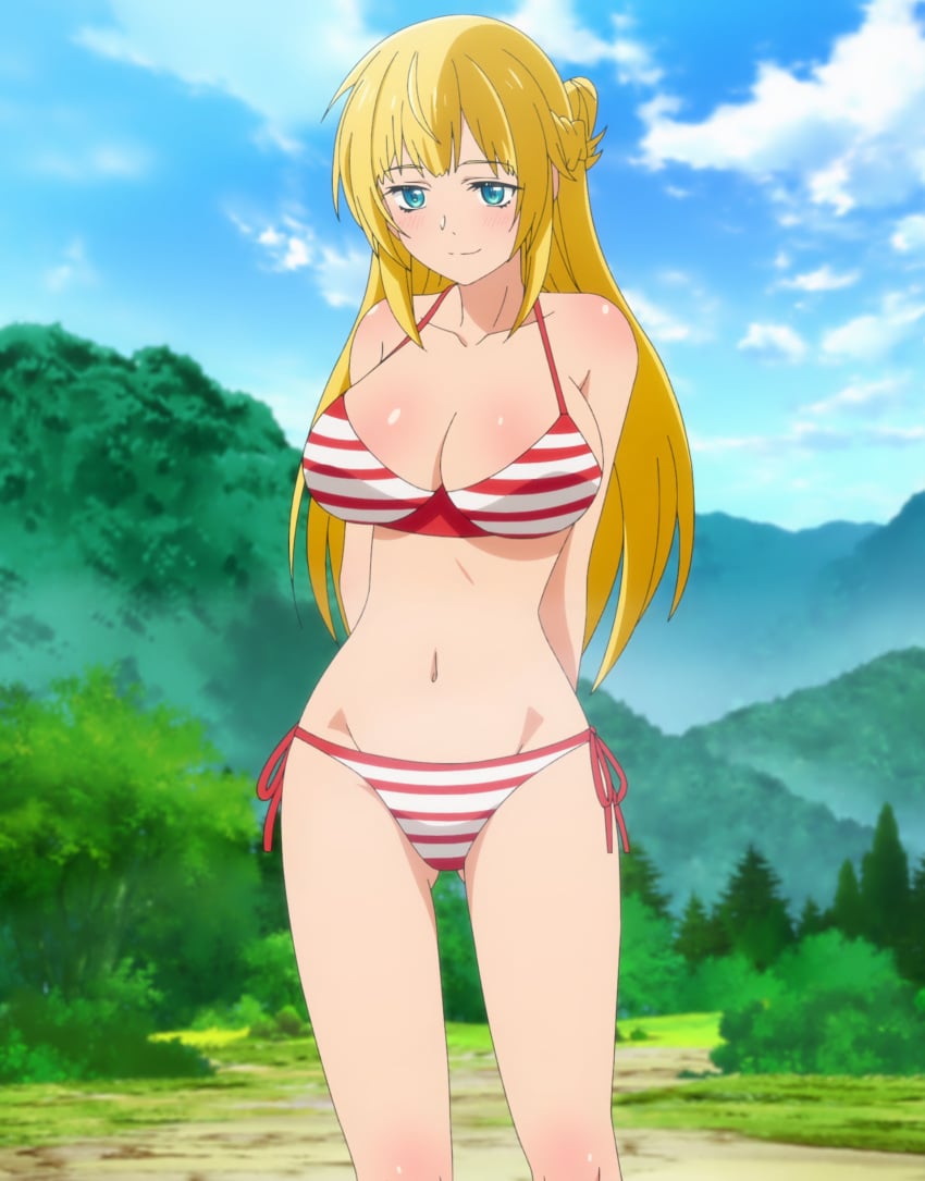 banished_from_the_hero's_party_i_decided_to_live_a_quiet_life_in_the_countryside big_breasts bikini blonde_hair blue_eyes breasts outdoors rit rizlet_loggervia screencap shin_no_nakama_ja_nai_to_yuusha_no_party_wo_oidasareta_node,_henkyou_de_slow_life_suru_koto_ni_shimashita stitched striped_bikini