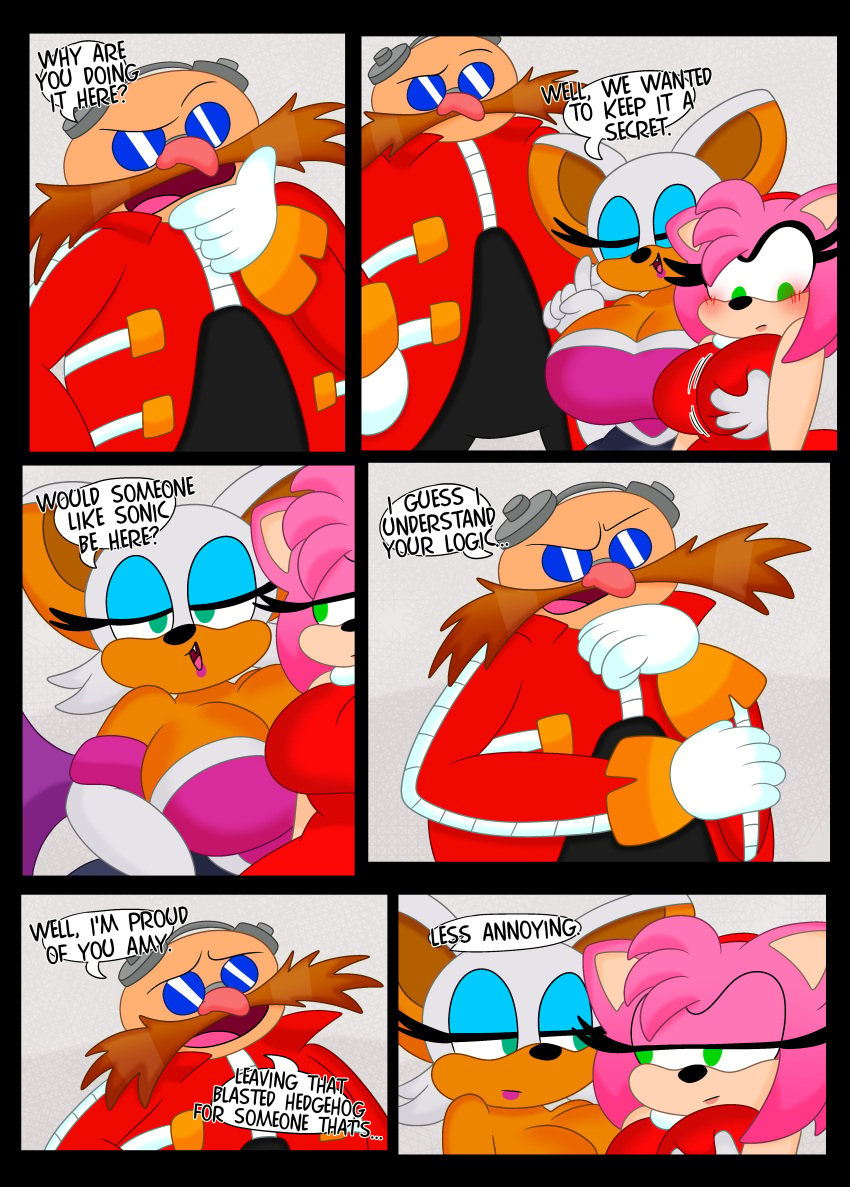 1boy 2girls 3barts amy_rose anthro ass ass_focus breast_grab breasts cleavage clothing comic dialogue dr._eggman female female_focus groping huge_ass huge_breasts rouge_the_bat sega sonic_(series) wide_hips