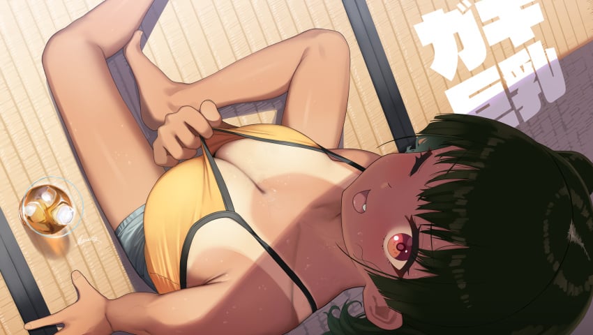 1girls breasts busty cleavage cleavage_pull clothing down_blouse female from_above hi_res kaedeko_(kaedelic) kanna_sasaki_(kaedeko) large_breasts original shirt_pull summer sweat tan tank_top tanline tanned tanned_skin