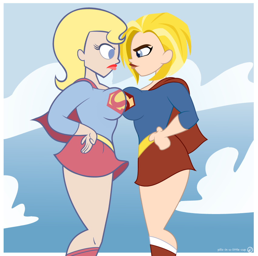 2girls asymmetrical_docking big_breasts breast_to_breast breasts dc dc_comics dc_super_hero_girls kara_danvers kara_zor-el kryptonian looking_at_another pills-in-a-little-cup square_crossover super_best_friends_forever supergirl superheroine