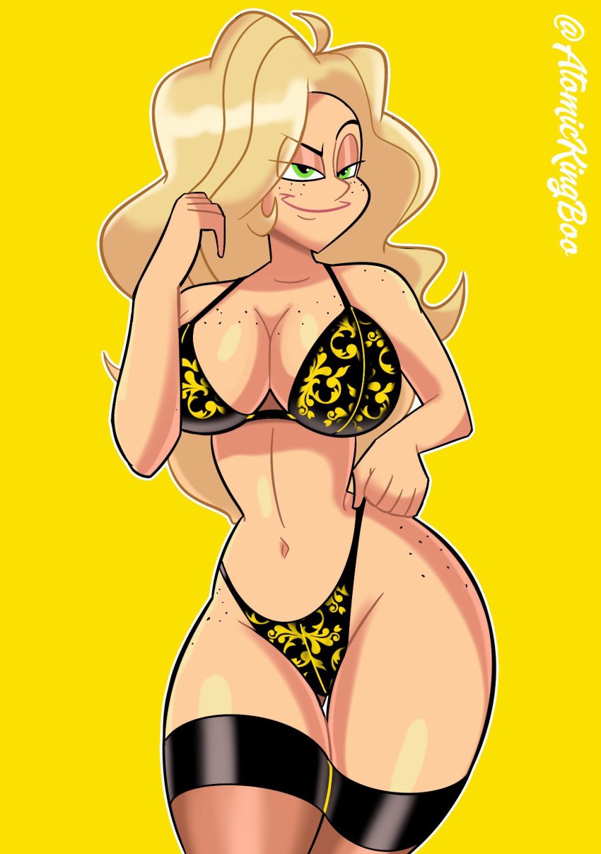 1girls artist_name atomickingboo background big_breasts breasts busty cleavage clothing eyelashes female freckles hips hourglass_figure large_breasts legs lips long_hair original original_character sarah_mcneil thick_thighs thighs voluptuous watermark wide_hips