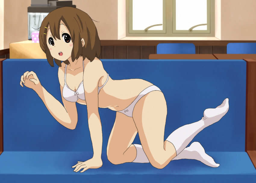 bench brown_hair hairclip hirondo k-on! medium_breasts white_bra white_panties white_socks window yui_hirasawa_(k-on!)