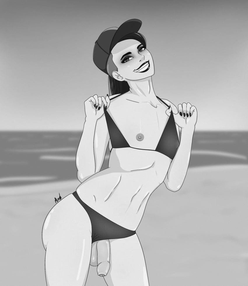 1boy baseball_cap beach bikini black_and_white cap femboy flaccid foreskin girly goth min0 penis penis_out shaved_side smile solo swimsuit trap uncut