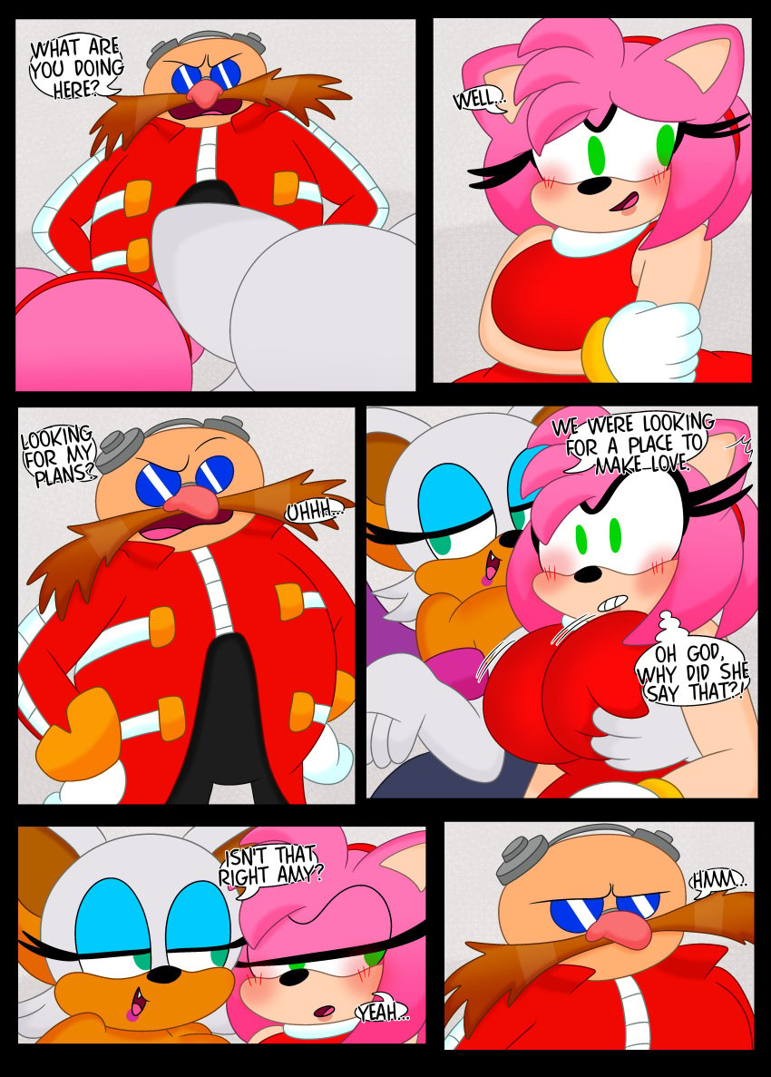 1boy 2girls 3barts amy_rose anthro ass ass_focus blush breast_grab breasts cleavage comic dialogue dr._eggman female female_focus huge_ass huge_breasts male motion_lines panties rouge_the_bat sega sonic_(series) trembling upskirt wide_hips yuri