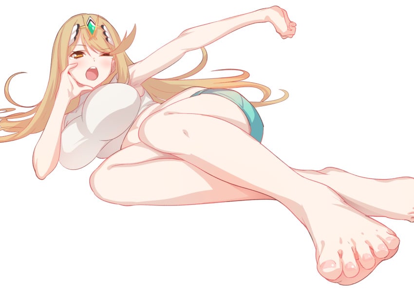 big_breasts blonde_hair calves casual green322 lying_down mythra nintendo shorts sports_bra thighs white_background xenoblade_chronicles_2 yawn yawning