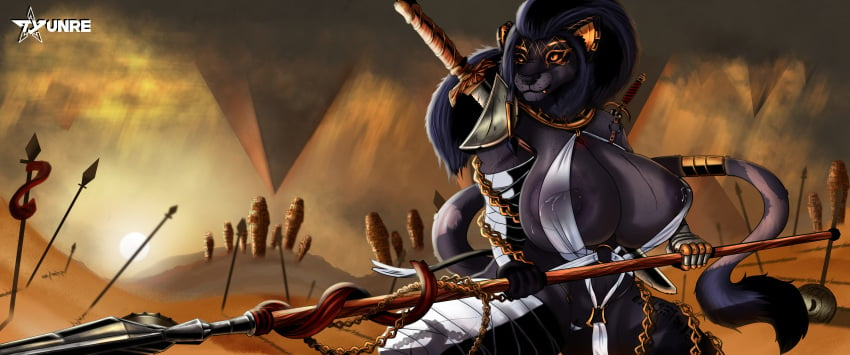 1girls ancient_egypt anthro armor breasts cameltoe chains cleavage detailed_background egyptian_mythology feline furry gold huge_breasts inverted_nipples lactation lactation lion mythology nipples pussy sekhmet skimpy solo spear tail thick_thighs tyunre veiny_breasts weapon