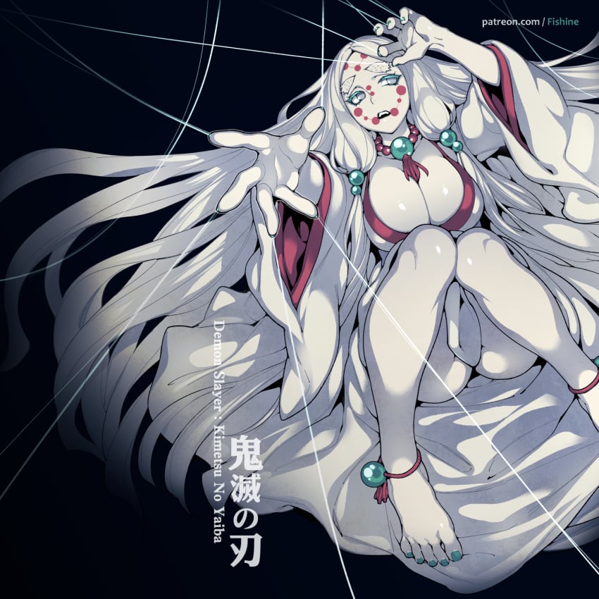 anklet barefoot big_breasts cleavage demon_girl demon_slayer facial_markings female female_only fishine hair_ornament kimetsu_no_yaiba kimono legs_up long_hair mother_spider_demon nail_polish necklace on_back silver_eyes solo thick_eyebrows toenail_polish very_long_hair white_hair white_skin