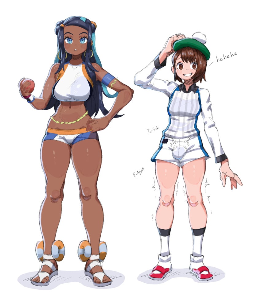 1futa 1girls armband belly_chain blue_eyes breasts brown_eyes brown_hair bulge chocolate_and_vanilla dark-skinned_female dark_skin ear_piercing earrings female futanari game_freak gloria_(pokemon) gym_leader hoop_earrings makinakid nessa_(pokemon) nintendo penis_in_shorts pokemon pokemon_ss thick_thighs white_background