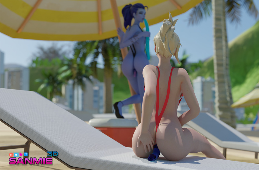 2girls 3d anal beach commission double_dildo female female_only mercy overwatch sanmie3d sling_bikini swimsuit widowmaker