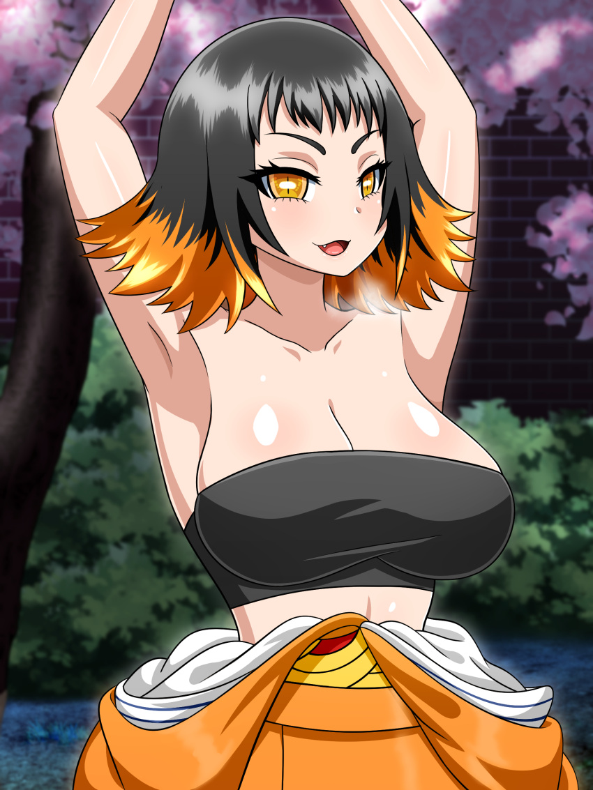 armpits arms_up bandeau big_breasts black_hair demon_slayer female female_only kimetsu_no_yaiba kimono kimono_down open_mouth shiny_skin short_hair smile solo strapless_bra susamaru two_tone_hair unusual_pupils yellow_eyes yensh