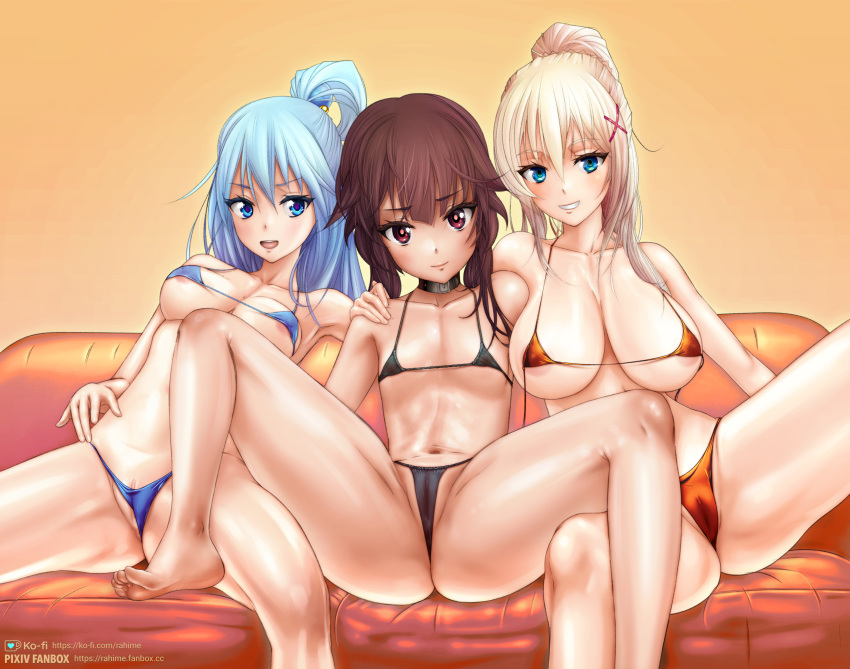 3girls alternate_version_available aqua_(konosuba) areolae big_breasts bikini bikini_top black_bikini blonde_hair blue_bikini blue_eyes blue_hair breasts brown_hair cleavage couch darkness_(konosuba) feet female female_only flat_chest hair huge_breasts kono_subarashii_sekai_ni_shukufuku_wo! long_hair looking_at_viewer medium_breasts megumin multiple_girls neckwear ponytail pussy rahime red_eyes swimsuit swimwear thighs yellow_bikini