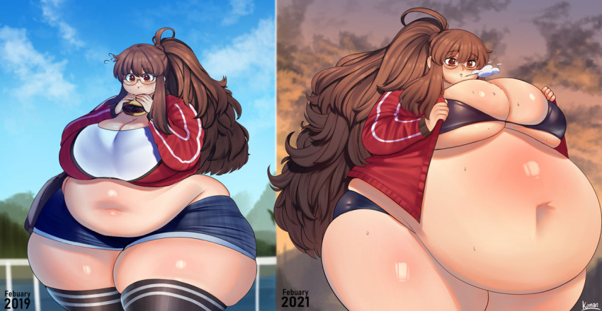 1girls ass belly big_ass big_belly big_breasts blush booty_shorts bottom_heavy breasts brown_hair chubby exhaling expansion expansion_sequence fat fat_ass female female_only glasses growth huge_ass huge_belly huge_breasts huge_thighs hyper hyper_ass hyper_belly inflation jaykuma long_hair massive_ass obese obese_female overweight round_ass short_shorts shorts solo ssbbw thick_ass thick_thighs thighhighs two_panel_image weight_gain