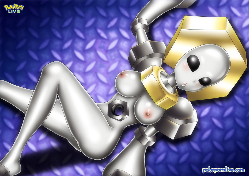 1girls anthro ass black_eyes breasts female hole_in_stomach looking_at_viewer melmetal metallic_body nipples pokémon_(species) pokemon pokemon_lgpe pokepornlive simple_background solo