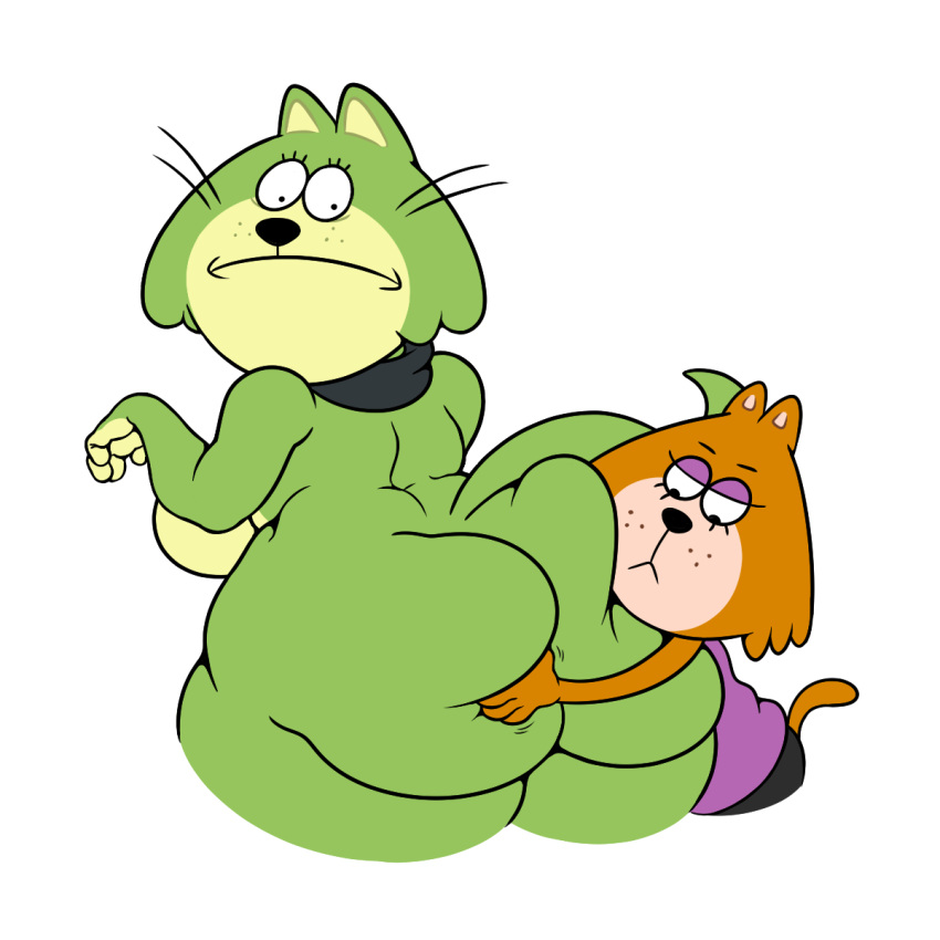 anthro ass_dough ass_focus ass_grab bbw bedroom_eyes black_nose black_pants black_scarf brain_(top_cat) cat cat_ears cat_tail deep_skin eyelashes freckles furry green_body green_fur green_hair green_skin hbo_max hug huge_butt hugging hugging_ass jellystone_(hbo_max) large_ass large_breasts looking_back motion_lines orange_body orange_fur orange_hair pants purple_eyelids purple_shirt scarf simple_background spook_(top_cat) suprised tagme top_cat_(series) warner_brothers whiskers white_background