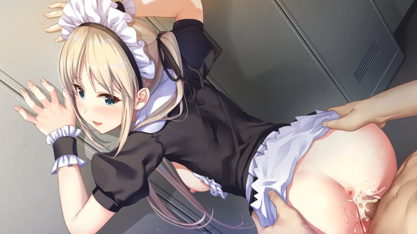 1boy anzu_(isekai_sakaba_no_sextet) apron bent_over blonde_hair blue_eyes blush breasts breasts_out clothed_sex cum cum_in_pussy female game_cg hair_ribbon happy_sex isekai_sakaba_no_sextet maid maid_apron maid_headdress medium_breasts nipples overflow penis pussy ribbon sex sex_from_behind standing standing_sex straight twintails vaginal_penetration yamacchi